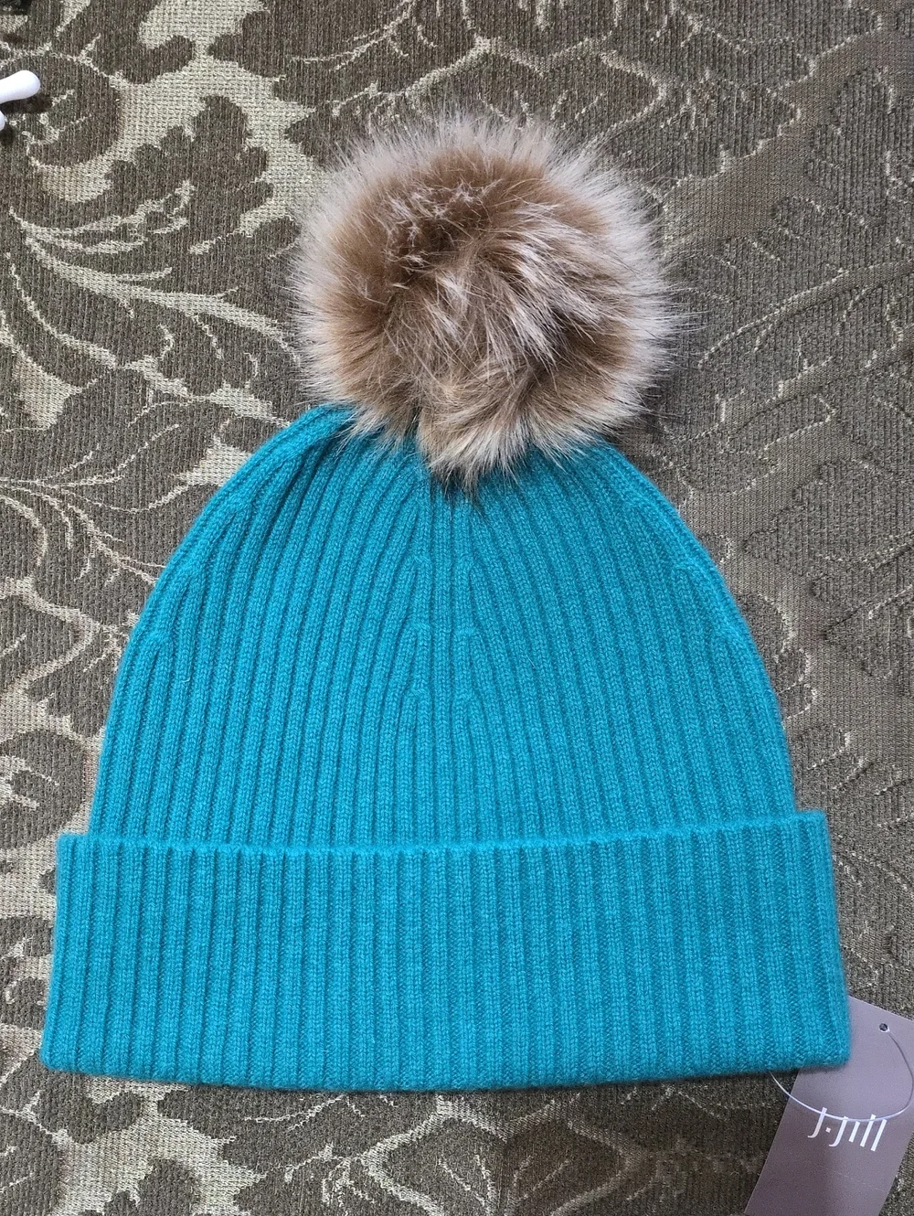 J. Jill Cashmere Teal Knit Beanie with Faux Fur Pom